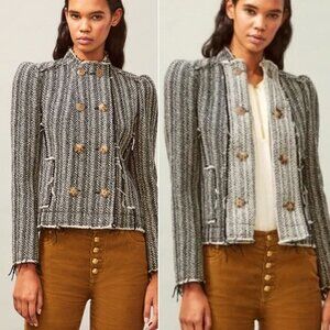 Tory Burch Sammy Herringbone Tweed Raw Edge Double Breasted Wool Blend Jacket 6